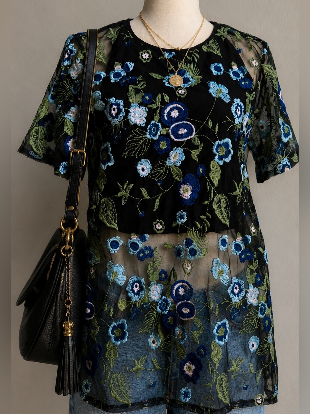 BCBGeneration Embroidered Floral Mesh Tunic Top Black Blue Green Sheer Medium